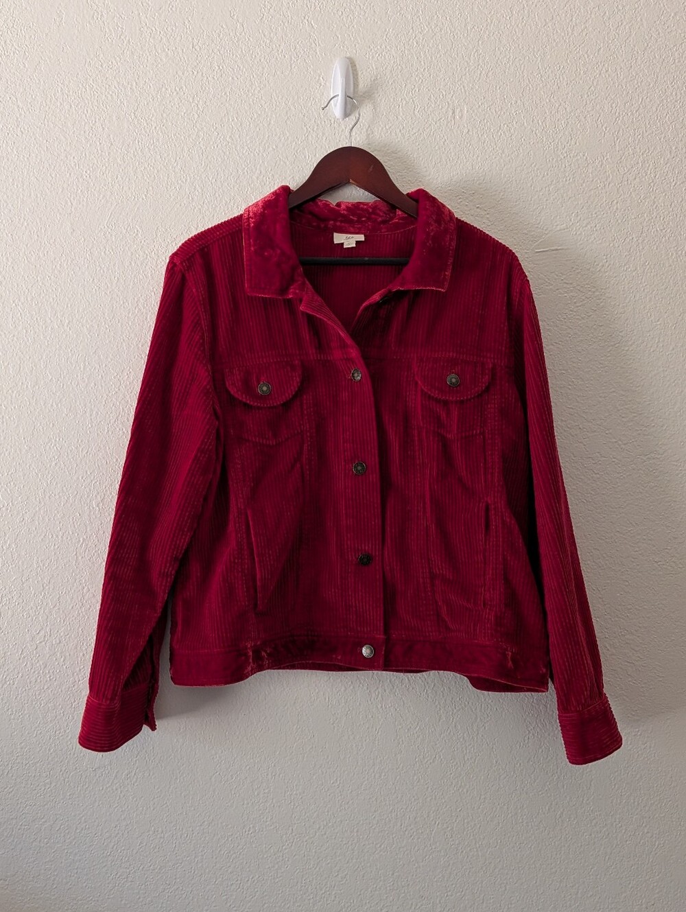 J Jill Velvet Trim Corduroy Red Jacket Shacket Button Front Collared Soft Sz XL